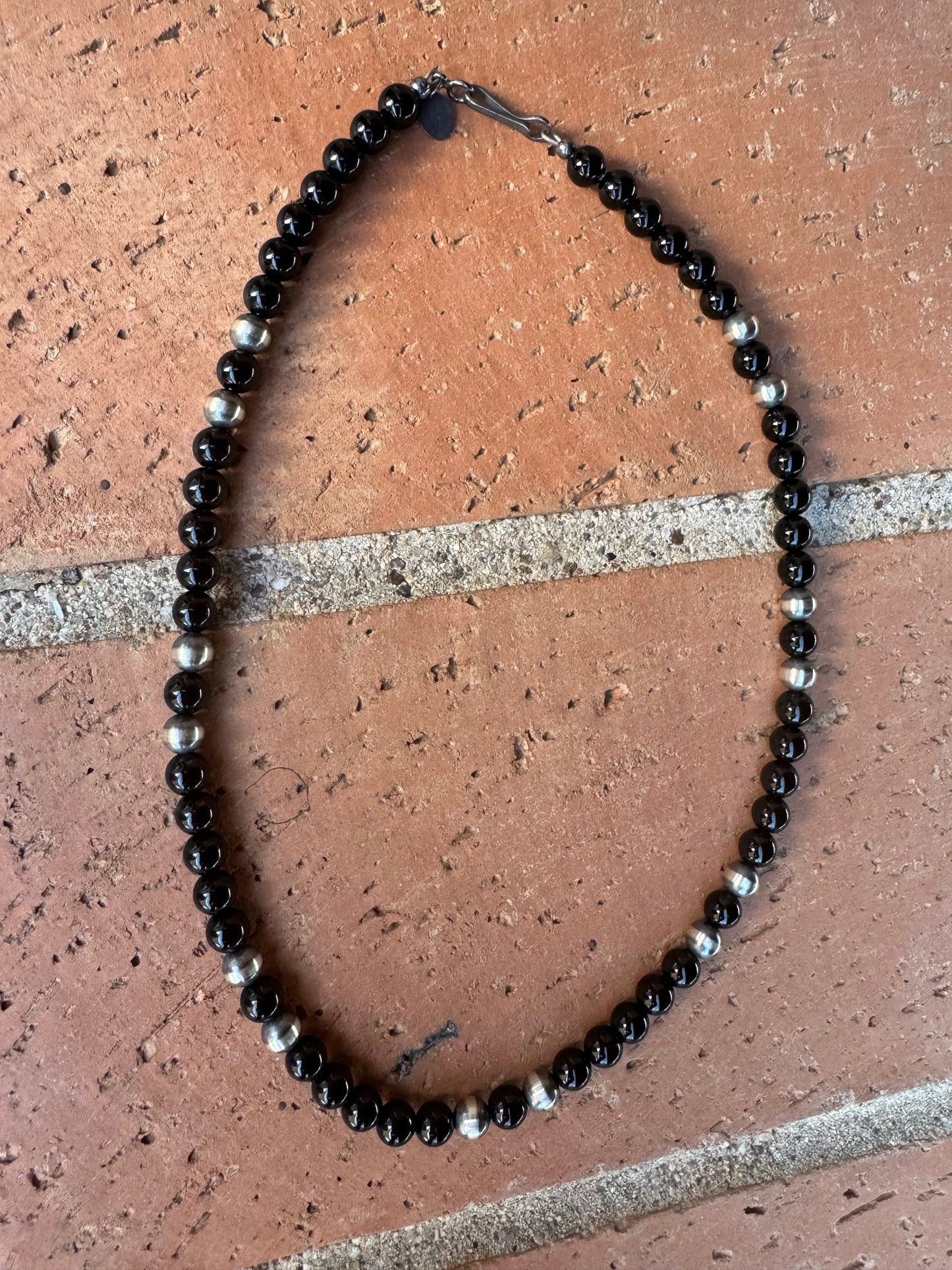 Handcrafted Sterling Silver Pearl & Black Onyx 6mm Beaded Necklace