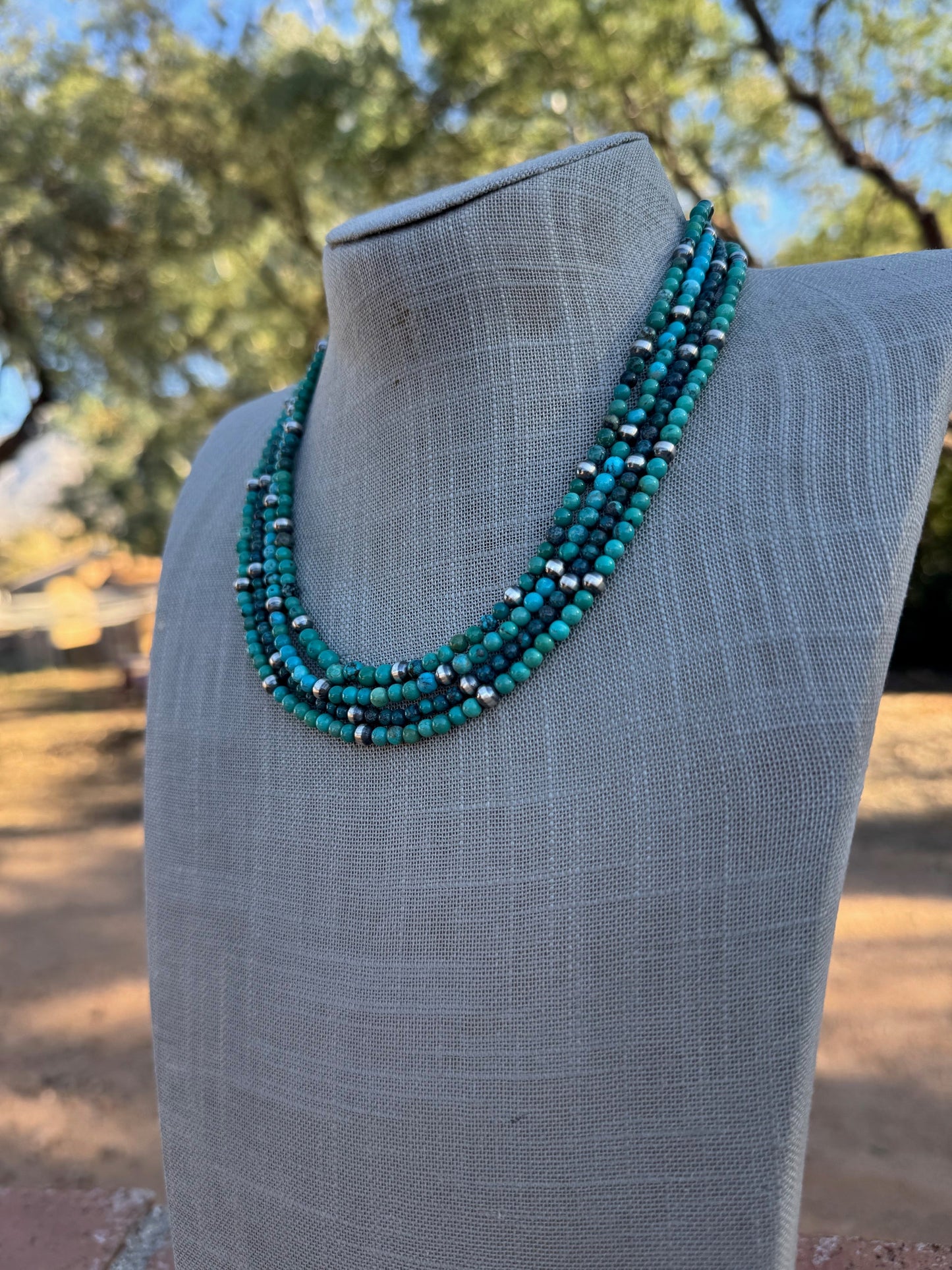 Handcrafted Kingman Turquoise & Sterling silver pearl 5mm Beaded Necklace 18"