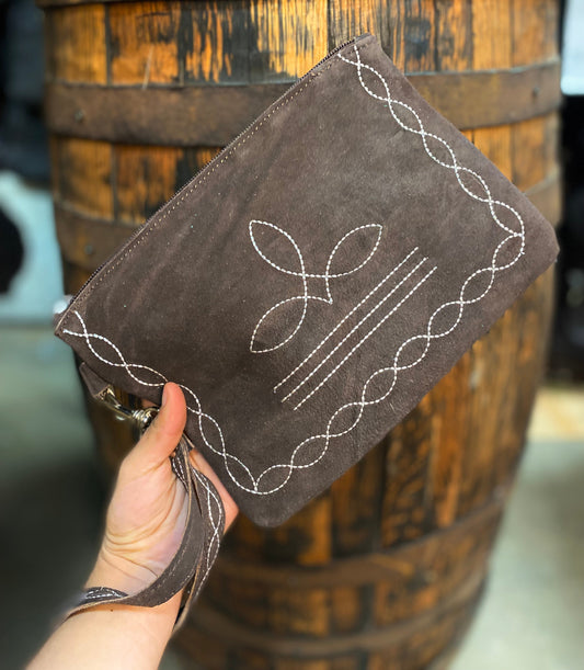 Brown BootStitch Suede Leather Wristlet