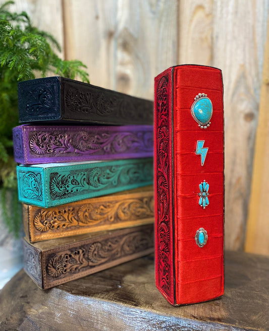 Red Tooled Leather Ring Holder