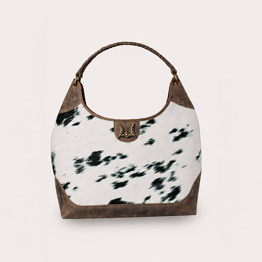 LW Large Purse - Black & White Cowhide with Oiled Brown Leather