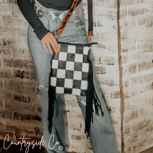 Stockyard Checkered Cowhide Fringe Purse