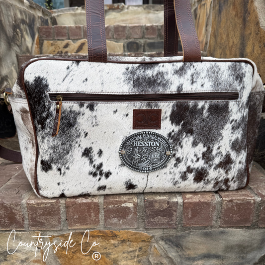 Vintage NFR Buckle Carry All Cowhide Duffle Travel Bag