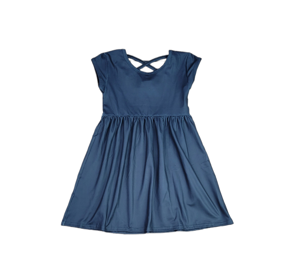 Dark Navy Solid Short Sleeve Cross Back Milk Silk Dress