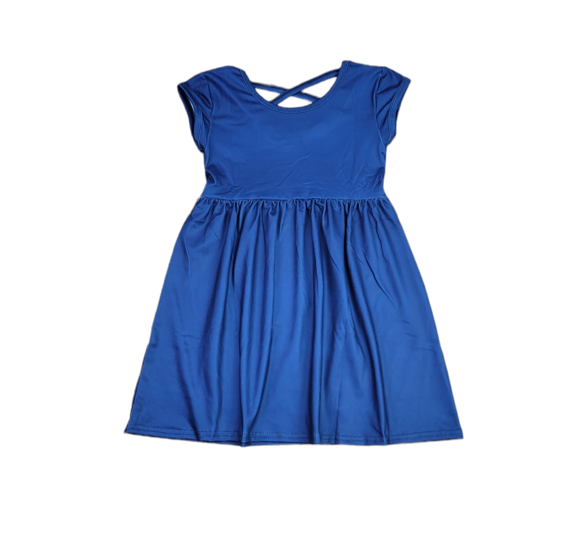 Royal Blue Solid Short Sleeve Cross Back Milk Silk Dress