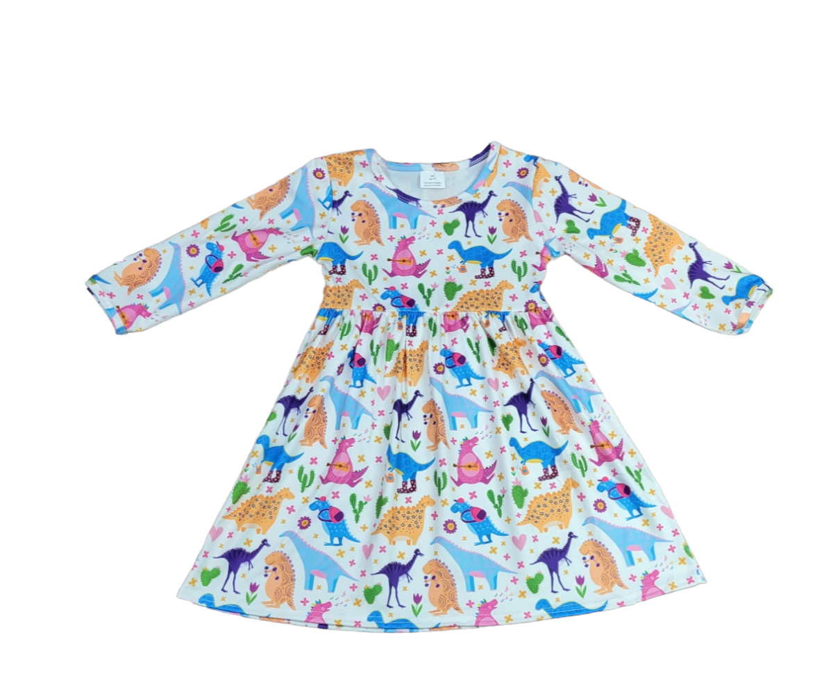 Dino Hobbies Long Sleeve Milk Silk Dress
