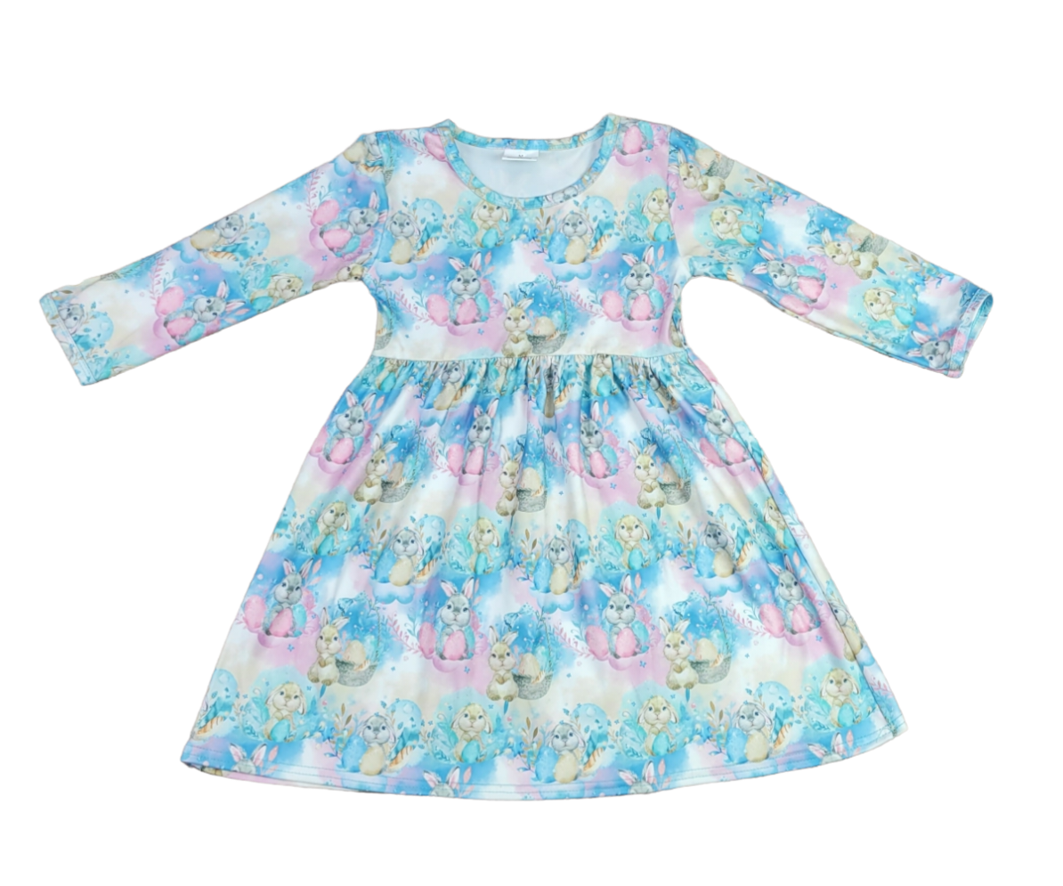 Pastel Bunnies Long Sleeve Milk Silk Dress