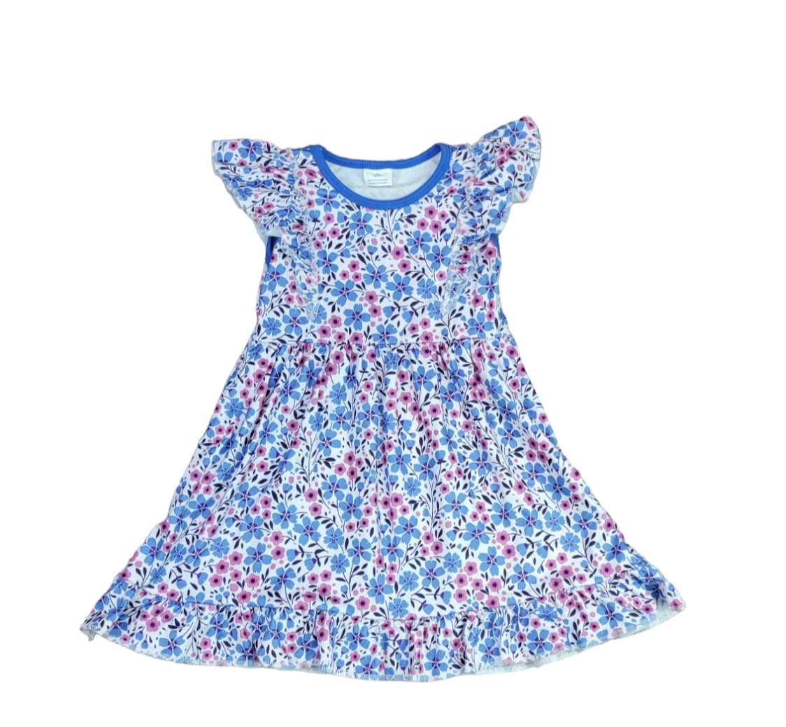 Blue and Purple Floral Ruffle Milk Silk Tank Dress