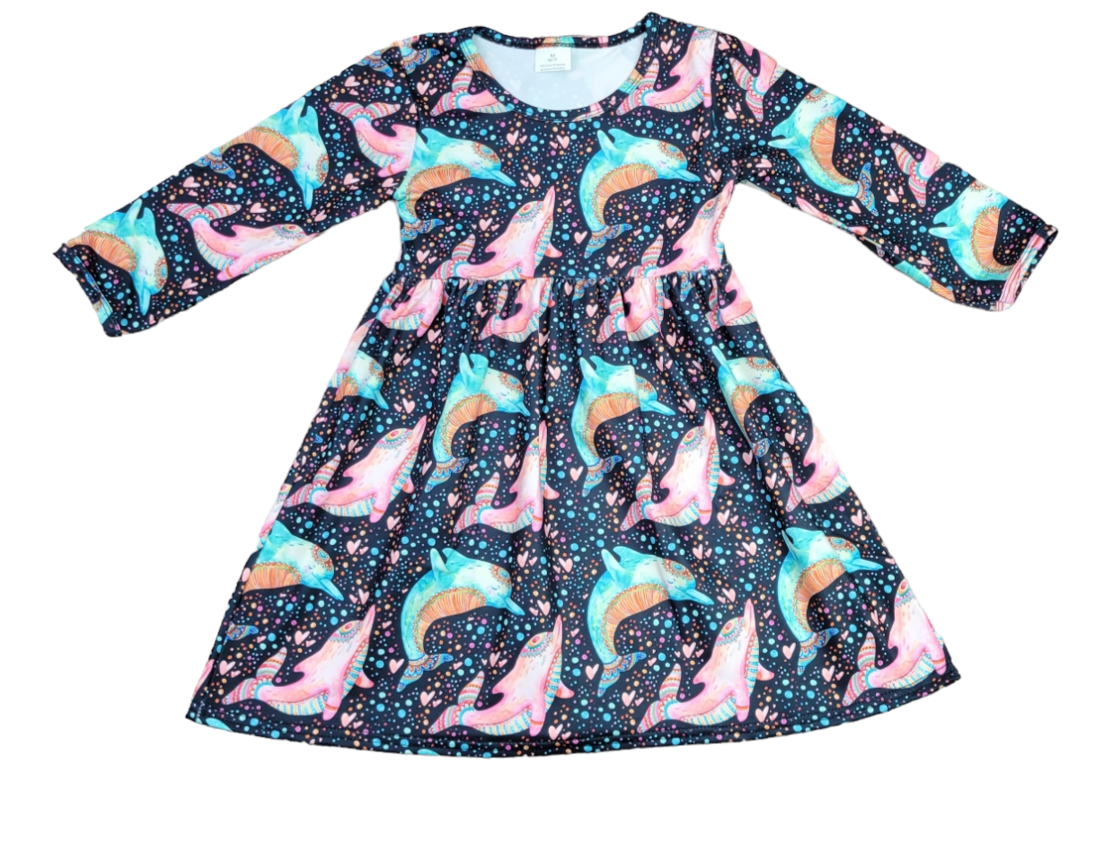 Bright Dolphin Long Sleeve Milk Silk Dress