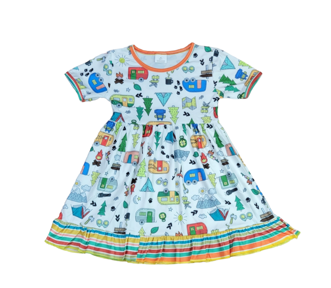 Camping Short Sleeve Ruffle Milk Silk Dress