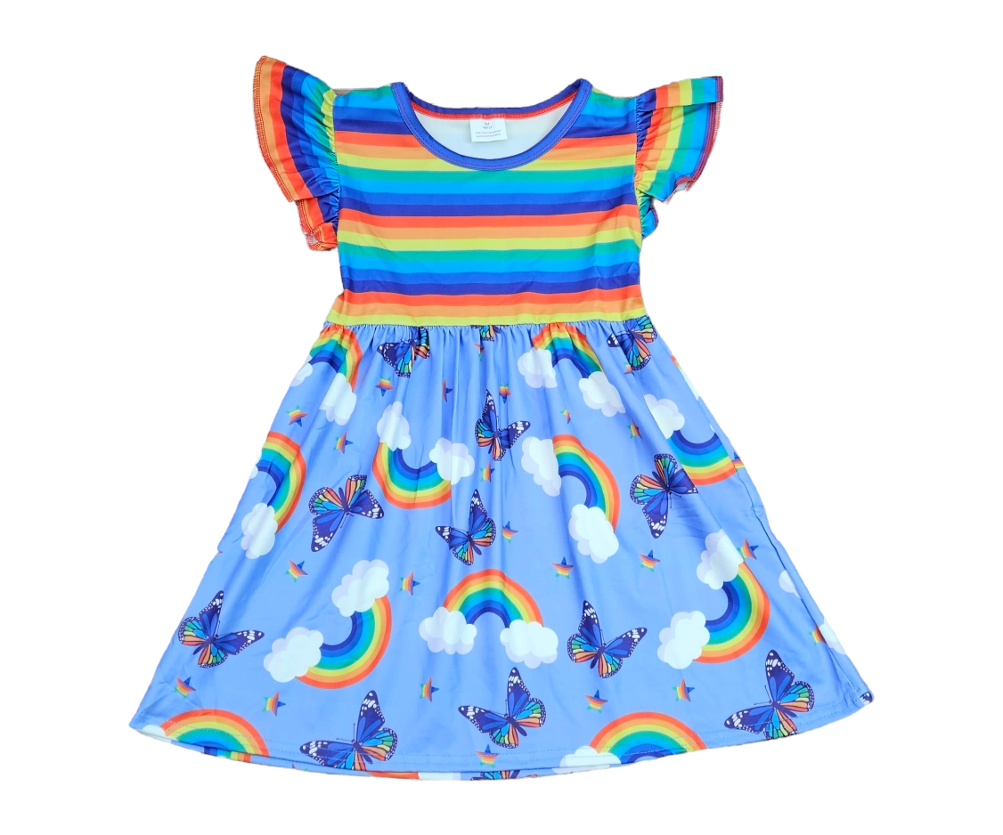 Rainbow Butterfly Long Flutter Milk Silk Dress