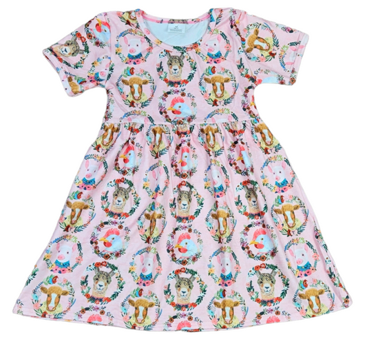 Pink Farm Animal Short Sleeve Milk Silk Dress