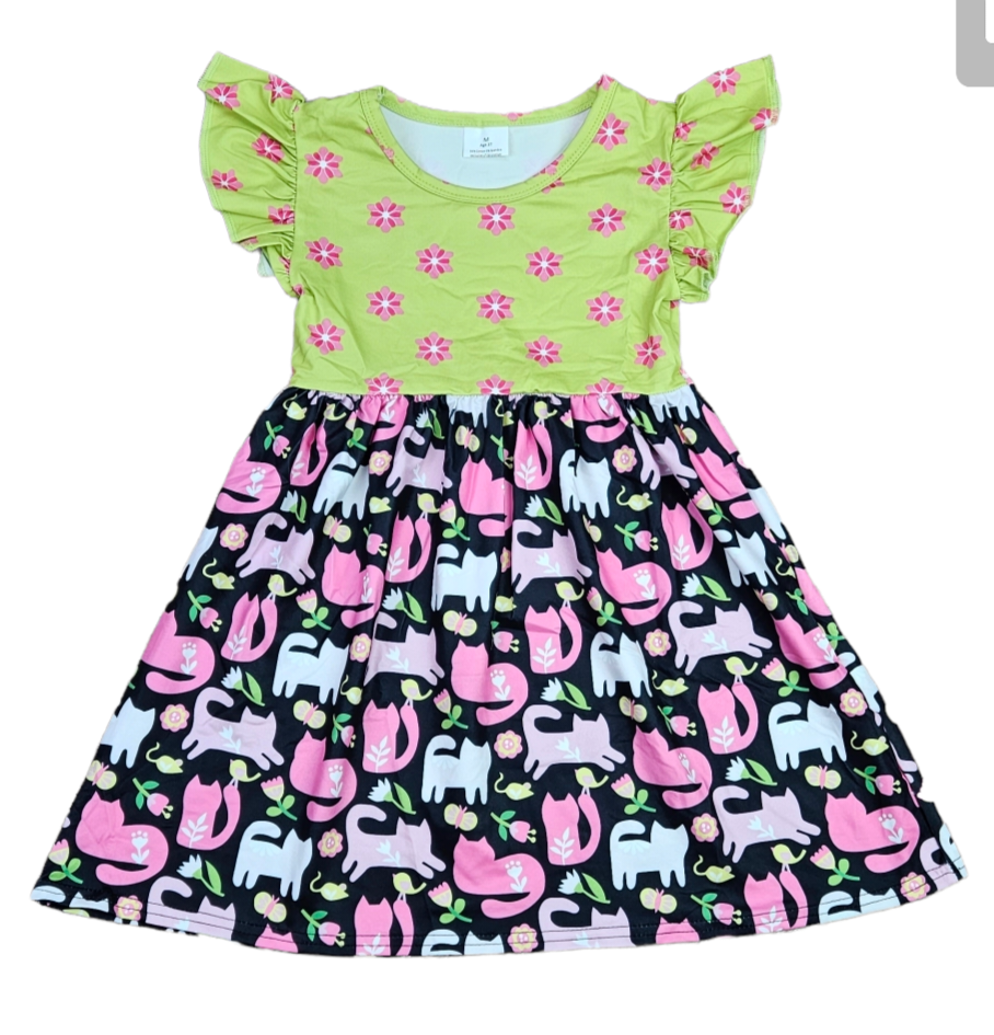 Cat Floral Top Long Flutter Milk Silk Dress