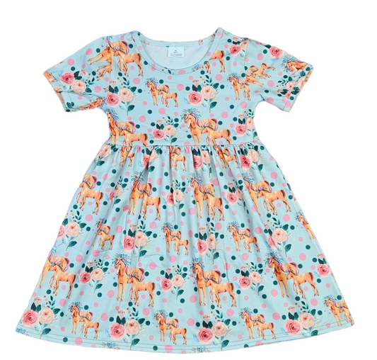 Floral Horse Short Sleeve Milk Silk Dress