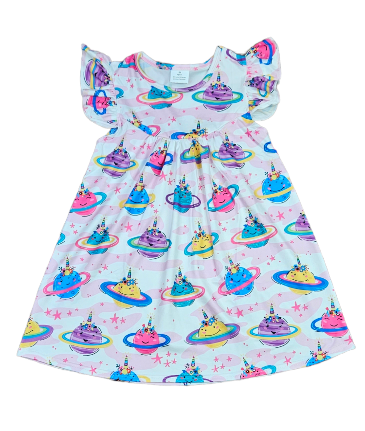 Unicorn Planets Milk Silk Flutter Dress