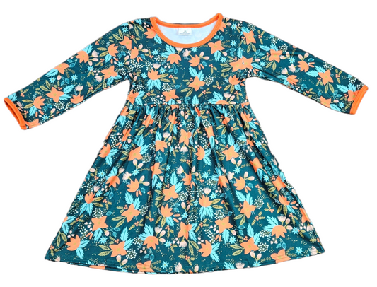 Green Christmas Flower Long Sleeve Milk Silk Dress