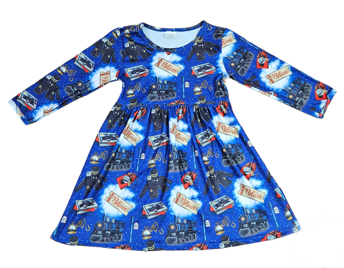 Christmas Train Long Sleeve Milk Silk Dress