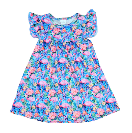 Tropical Flamingo Milk Silk Flutter Dress