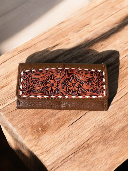 Tan Tooled Leather Floral Women's Wallet