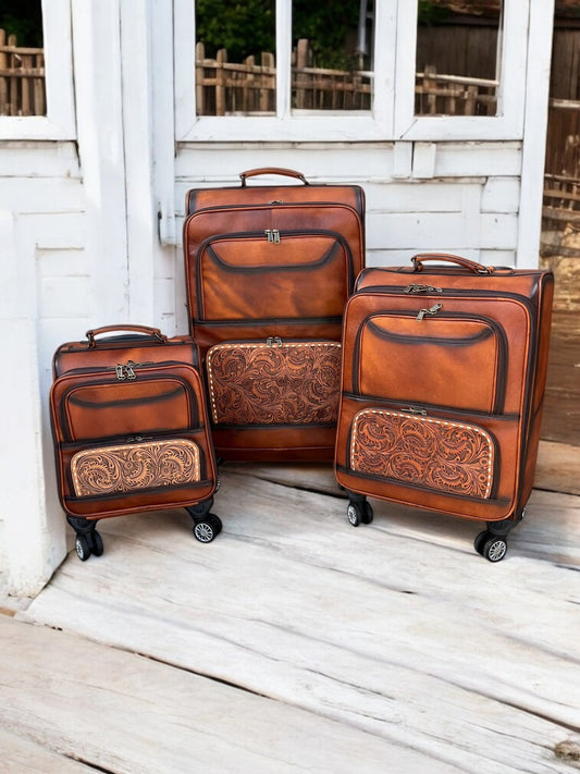 Large Burn Tooled Leather Rolling Suitcase Carry Luggage