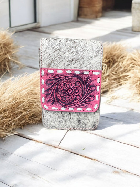 Pink Tooled & Cowhide Crossbody