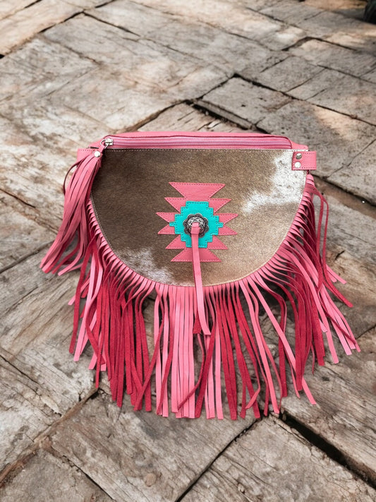 Pink Cowhide Concho Aztec Fringe Crossbody