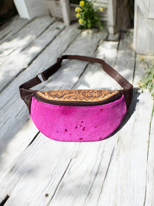 Distressed Cowhide Pink Tooled Leather Fanny Pack