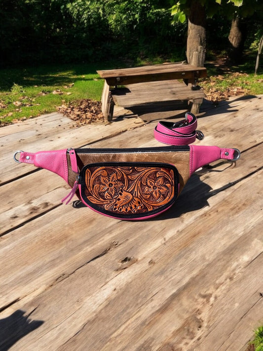 Cowhide Pink Tooled Leather Fanny Pack
