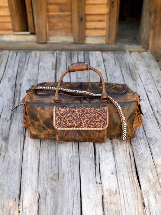 Rustic Tooled Leather Duffle Bag