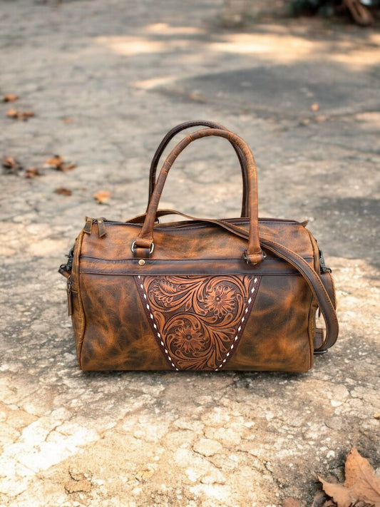 Rustic Tooled Leather Mini Duffle Bag