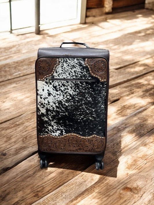 Large Cowhide & Tooled Leather Rolling Suitcase