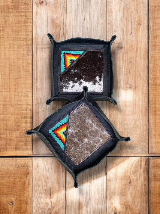 Mini Tray Black Leather Cowhide Beaded