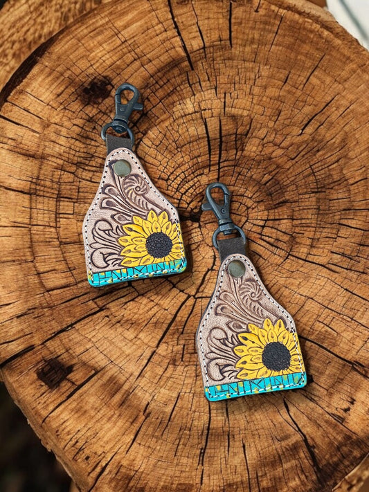 Sunflower Tooled Leather Keychain