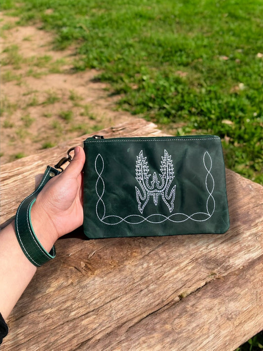 Emerald Boot-Stitch III Tooled Rustic Leather Wristlet