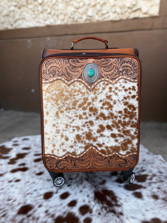 Medium Burn Leather Rolling Cowhide Suitcase Carry Luggage