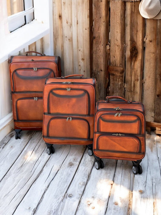 Large Burn Leather Rolling Suitcase Carry Luggage
