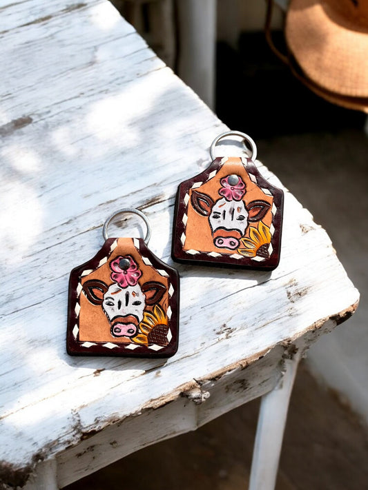 Cow Tooled Leather Keychains