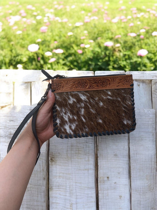 Tooled Leather Cowhide Wristlet