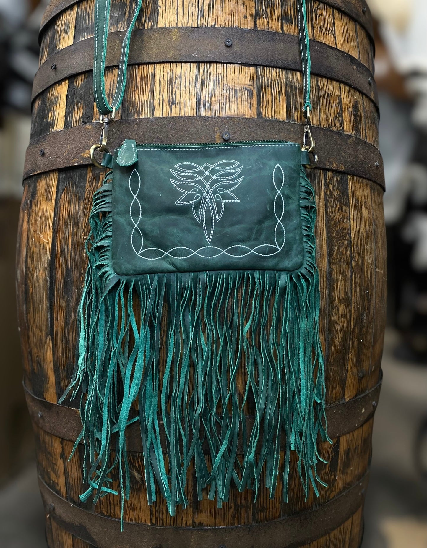 Emerald Bluebell Rustic Leather Fringe Crossbody