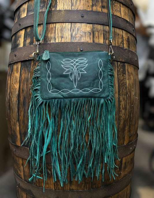 Emerald Bluebell Rustic Leather Fringe Crossbody
