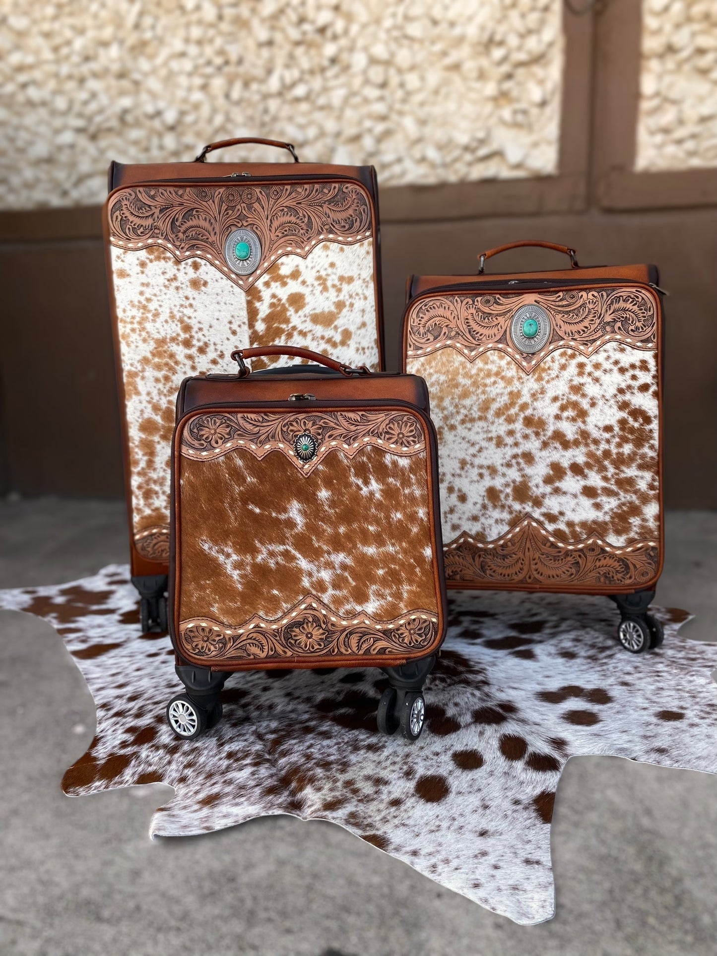Small Burn Leather Rolling Cowhide Suitcase Carry Luggage