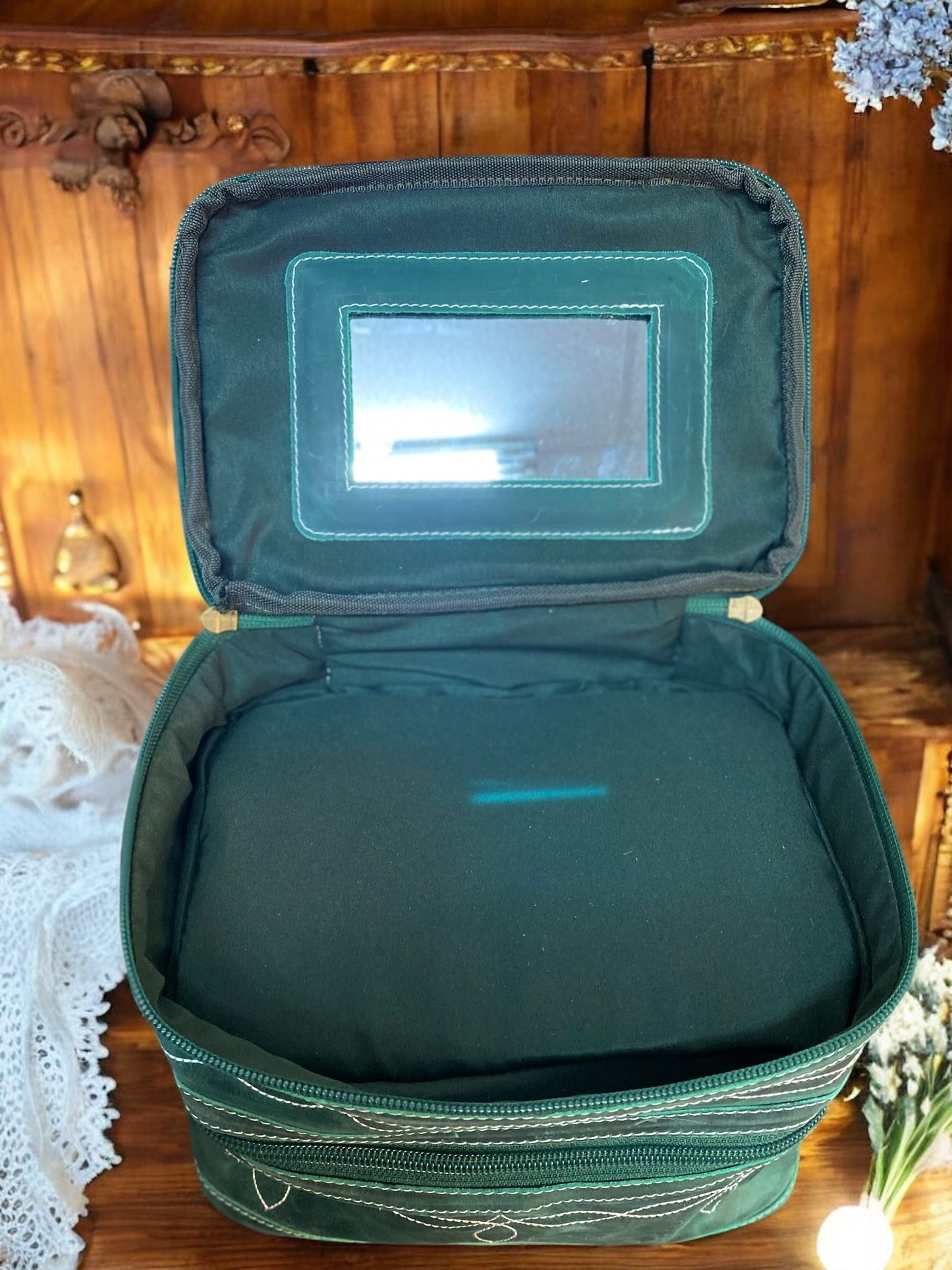 Emerald Green BootStitch Hand Mirror Makeup Box