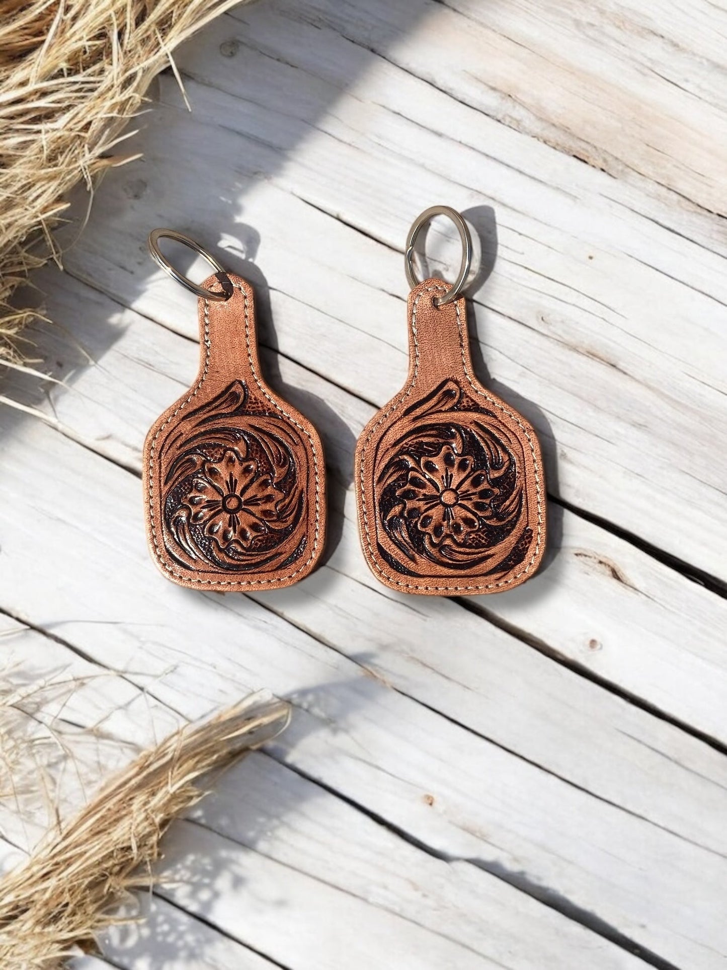 Flower Tooled Leather Keychain 1pc