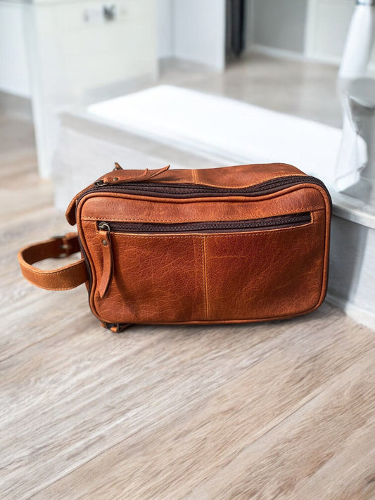 Double Zipper Rust Leather Toiletry Bag