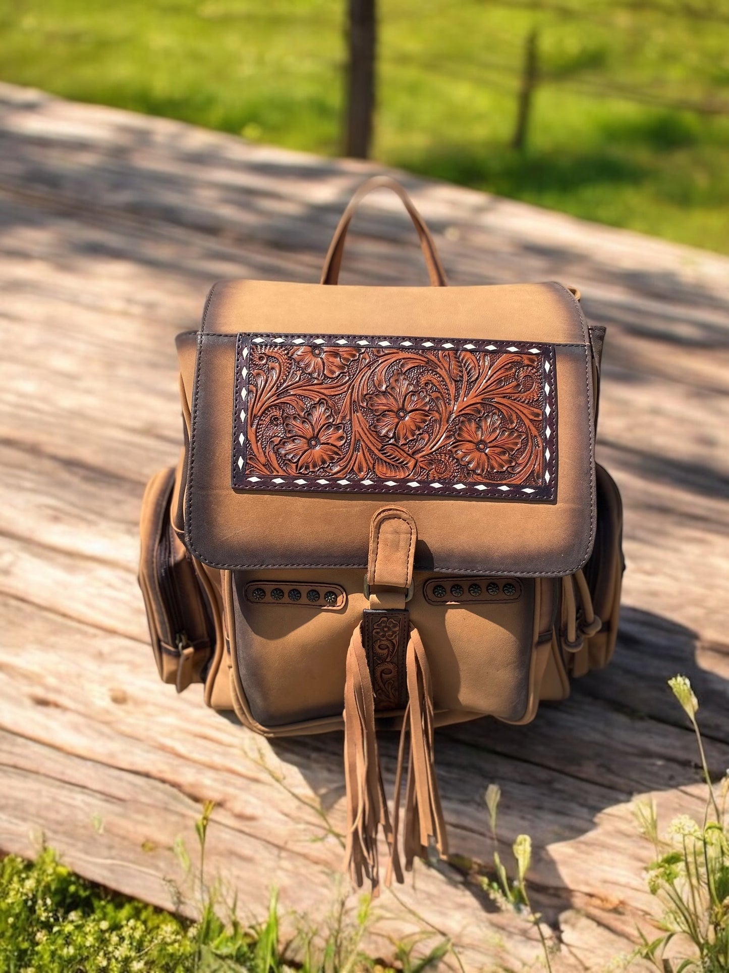 Burn & Tooled Leather Fringe Backpack