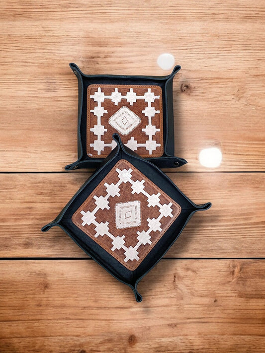 Mini Tray Black Leather Aztec