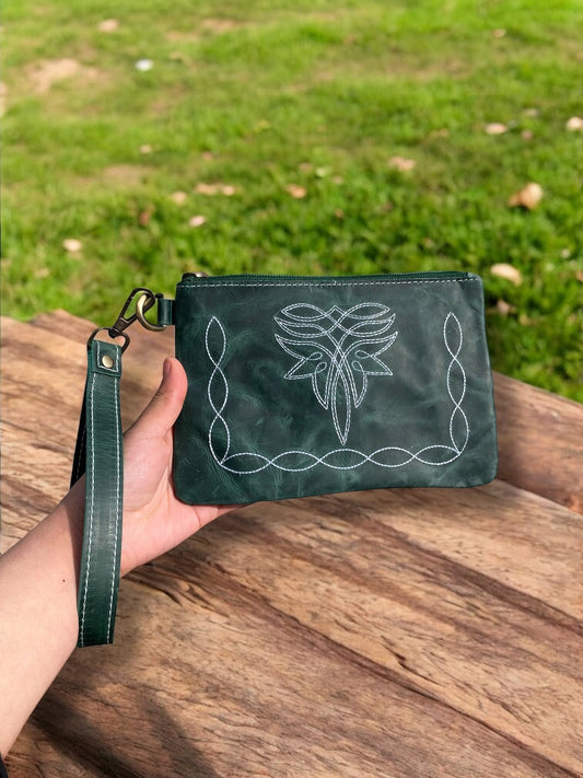 Emerald Boot-Stitch II Tooled Rustic Leather Wristlet