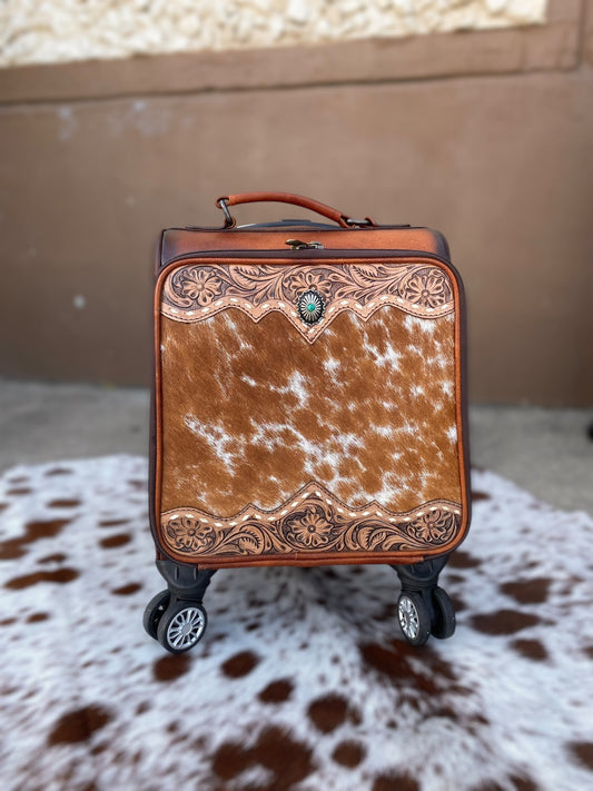 Small Burn Leather Rolling Cowhide Suitcase Carry Luggage