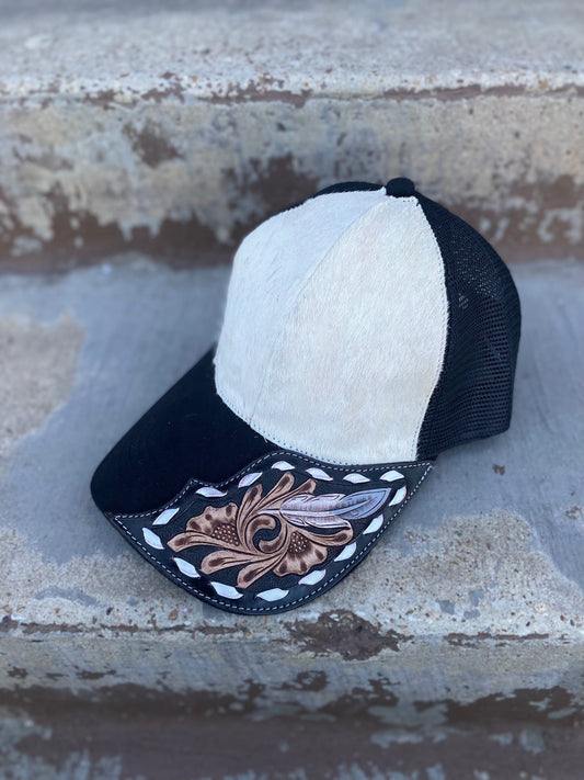 Cowhide Half Tooled Feather Leather Cap