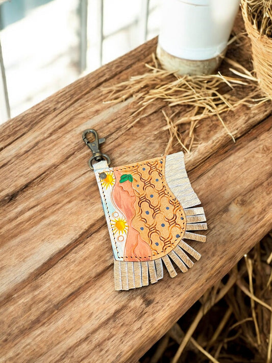 Sun Fringe Cowhide & Tooled Keychain